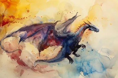 Watercolor Illustration Of A Majestic Flying Dragon