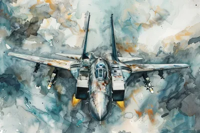 Watercolor Painting Of A Fighter Jet In Flight