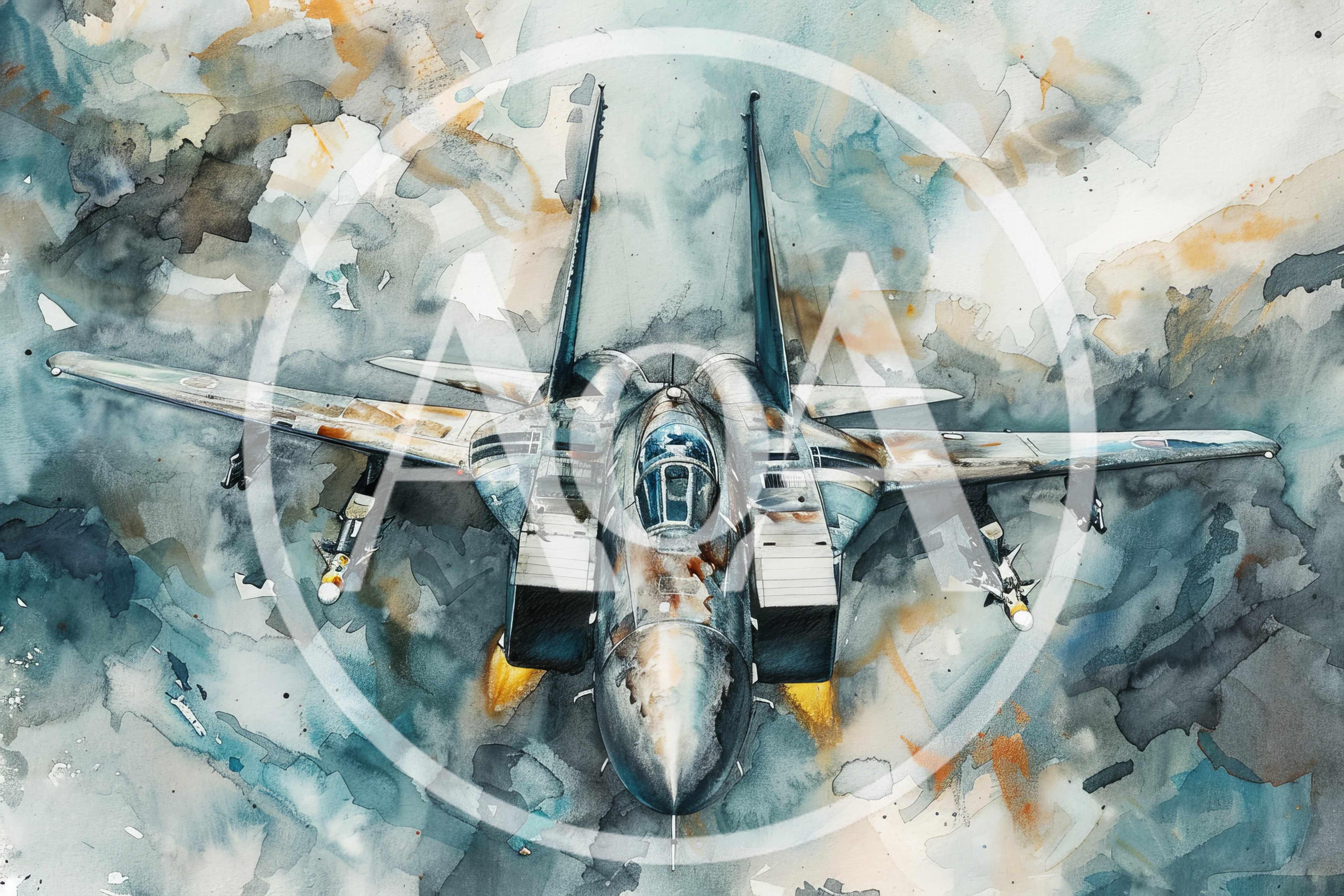 Watercolor Painting Of A Fighter Jet In Flight