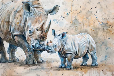 Watercolor Painting Of A Mother Rhino And Calf