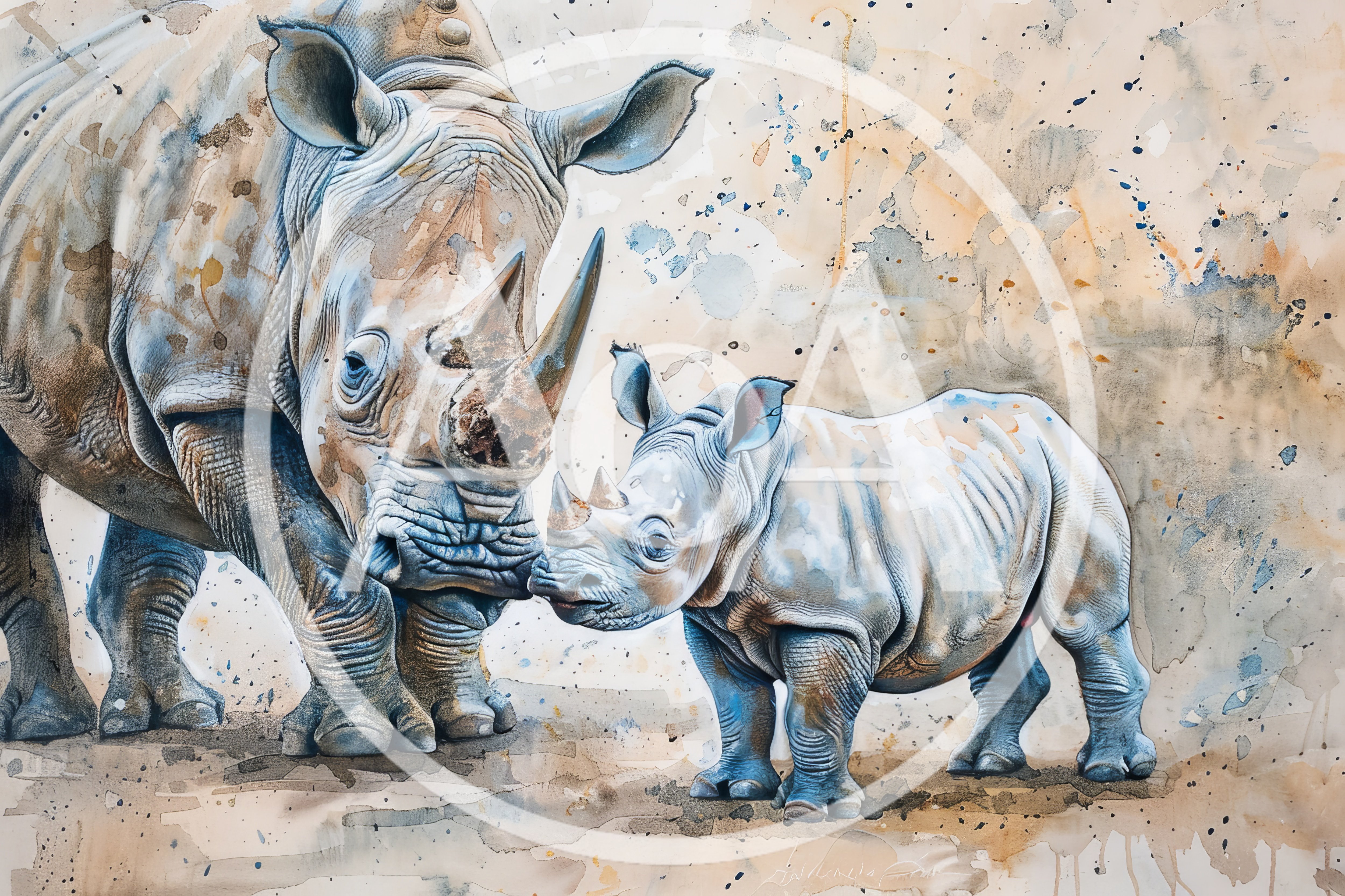 Watercolor Painting Of A Mother Rhino And Calf