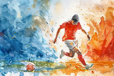 Watercolor Illustration Of A Soccer Player Kicking Ball