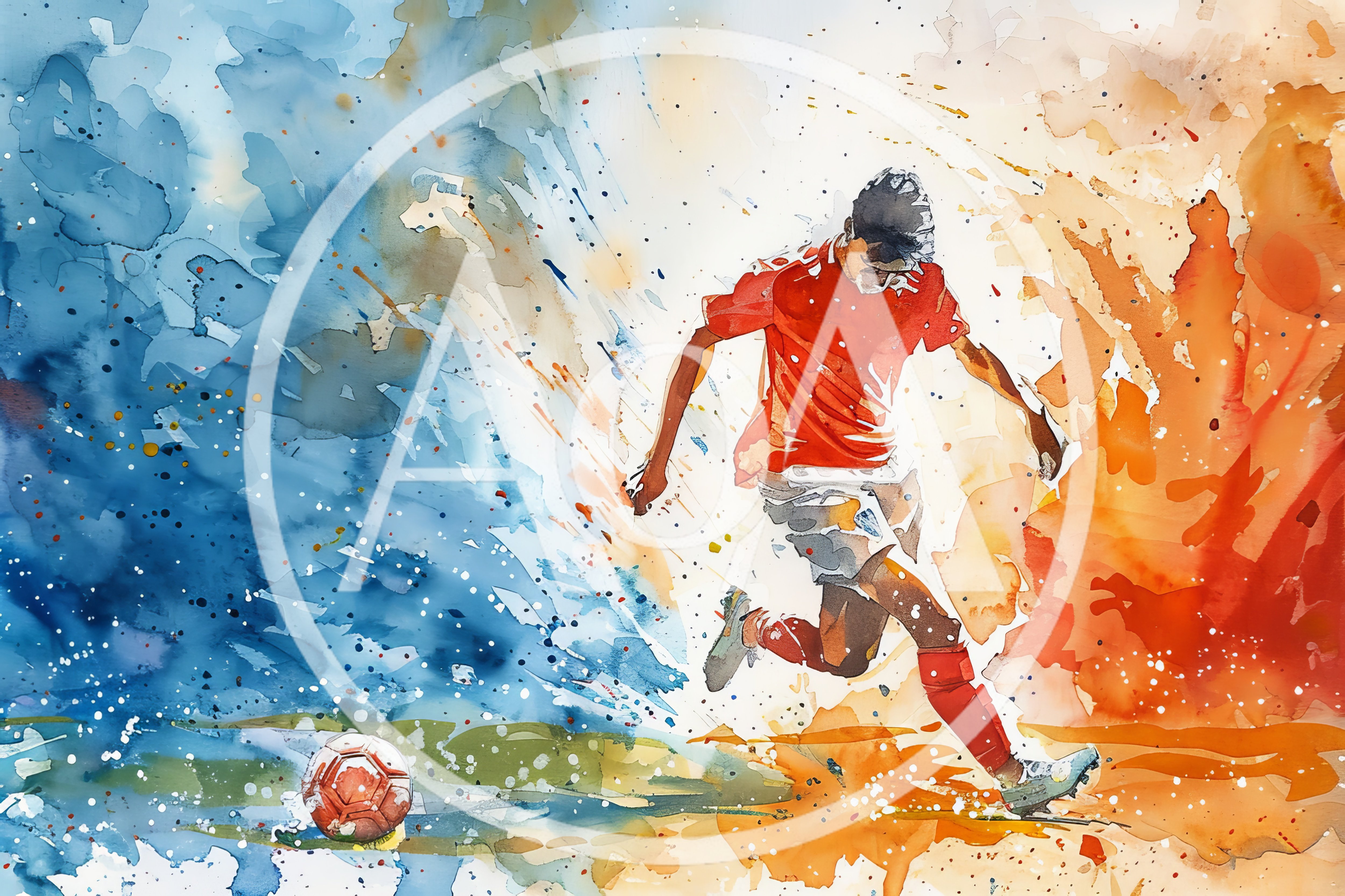 Watercolor Illustration Of A Soccer Player Kicking Ball