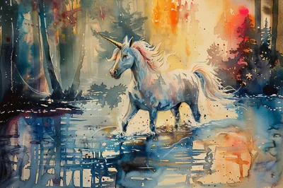 Watercolor Illustration Of A Majestic Unicorn In A Forest