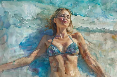 Woman Relaxing In Shallow Ocean Water