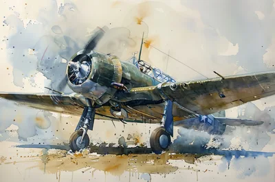 Watercolor Painting Of A Vintage World War II Aircraft