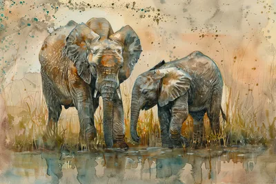 Watercolor Painting Of An Elephant And Calf