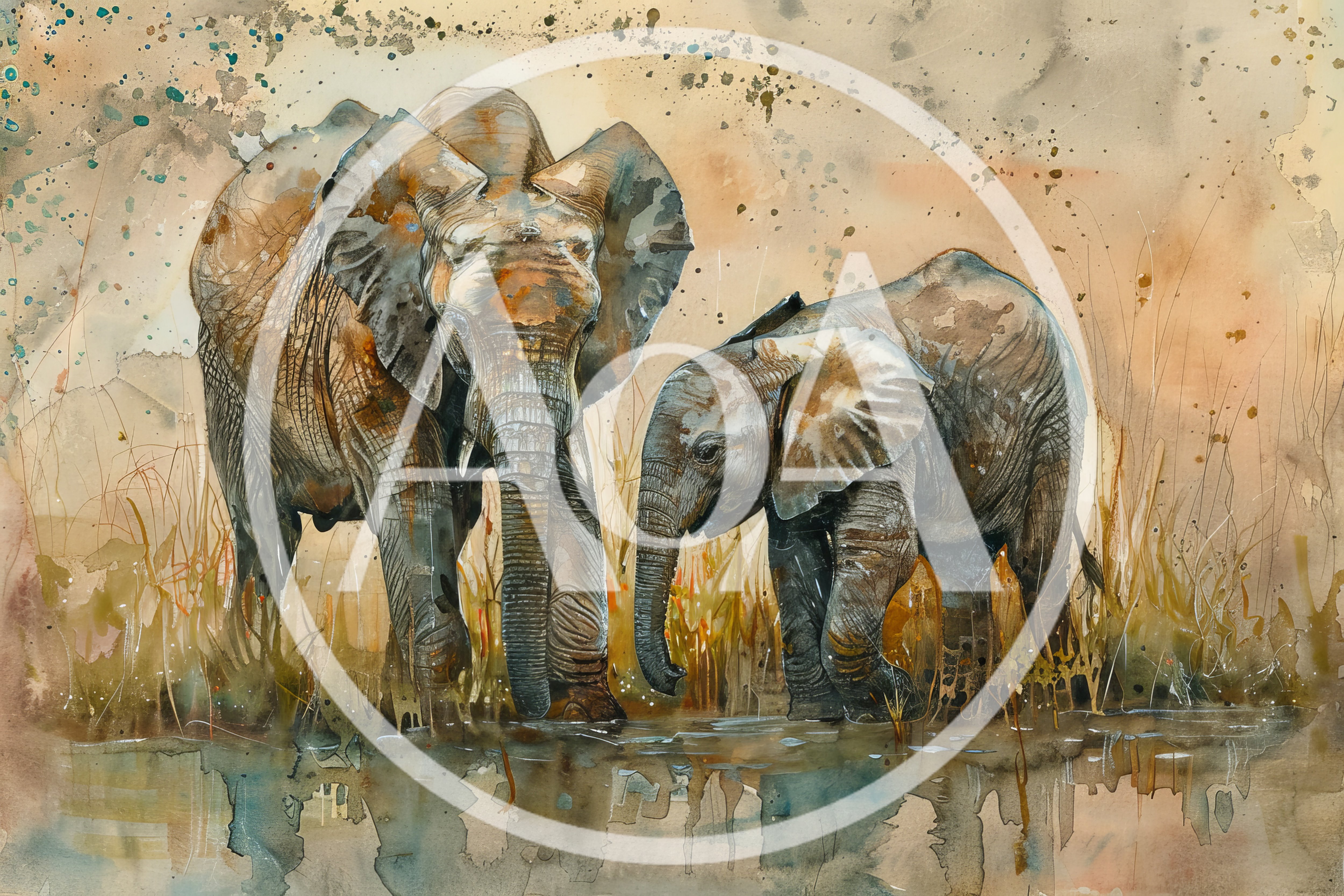 Watercolor Painting Of An Elephant And Calf