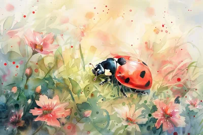 Watercolor Illustration Of A Ladybug In A Floral Meadow
