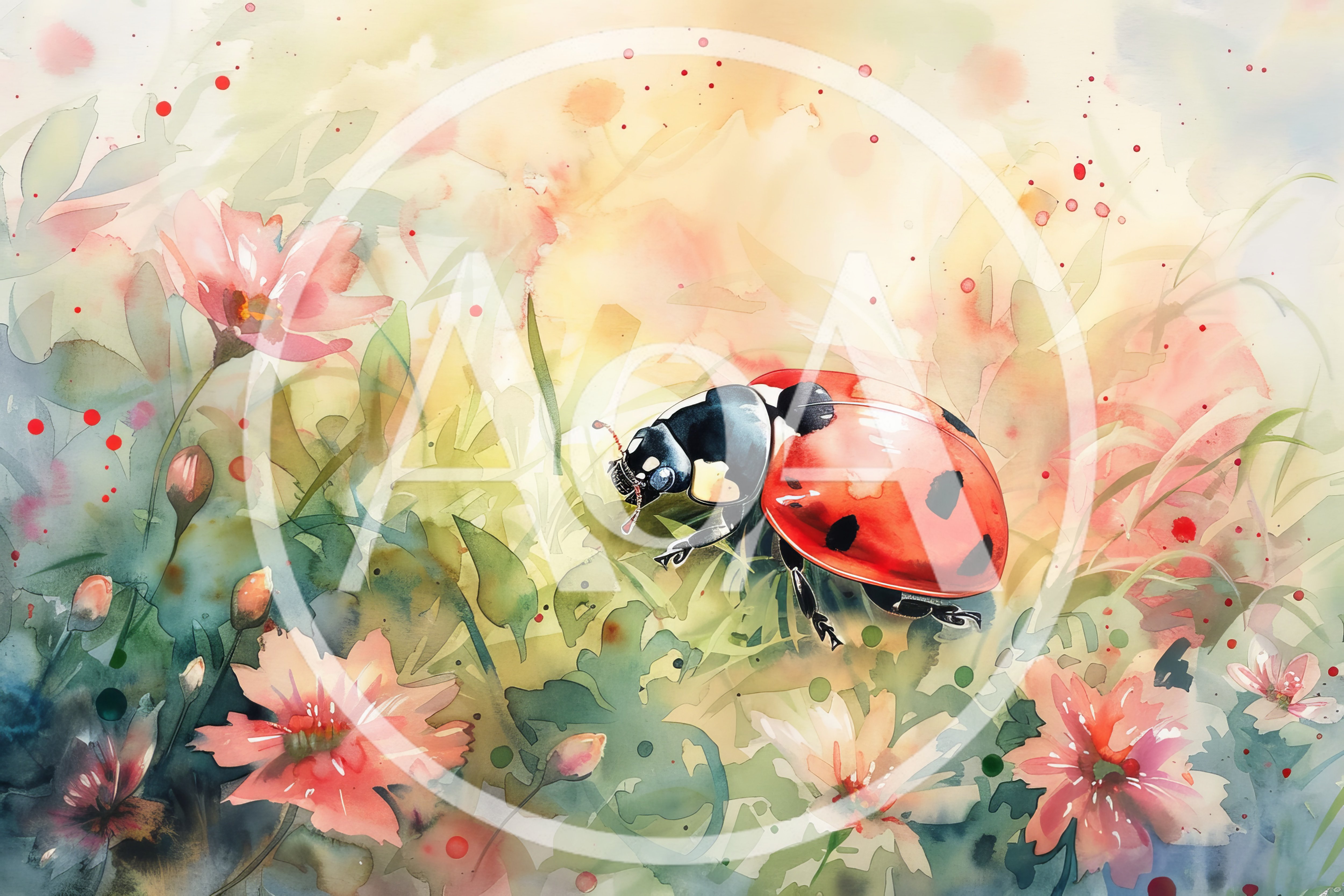 Watercolor Illustration Of A Ladybug In A Floral Meadow