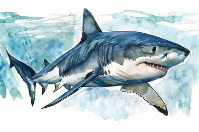 Watercolor Illustration Of A Great White Shark