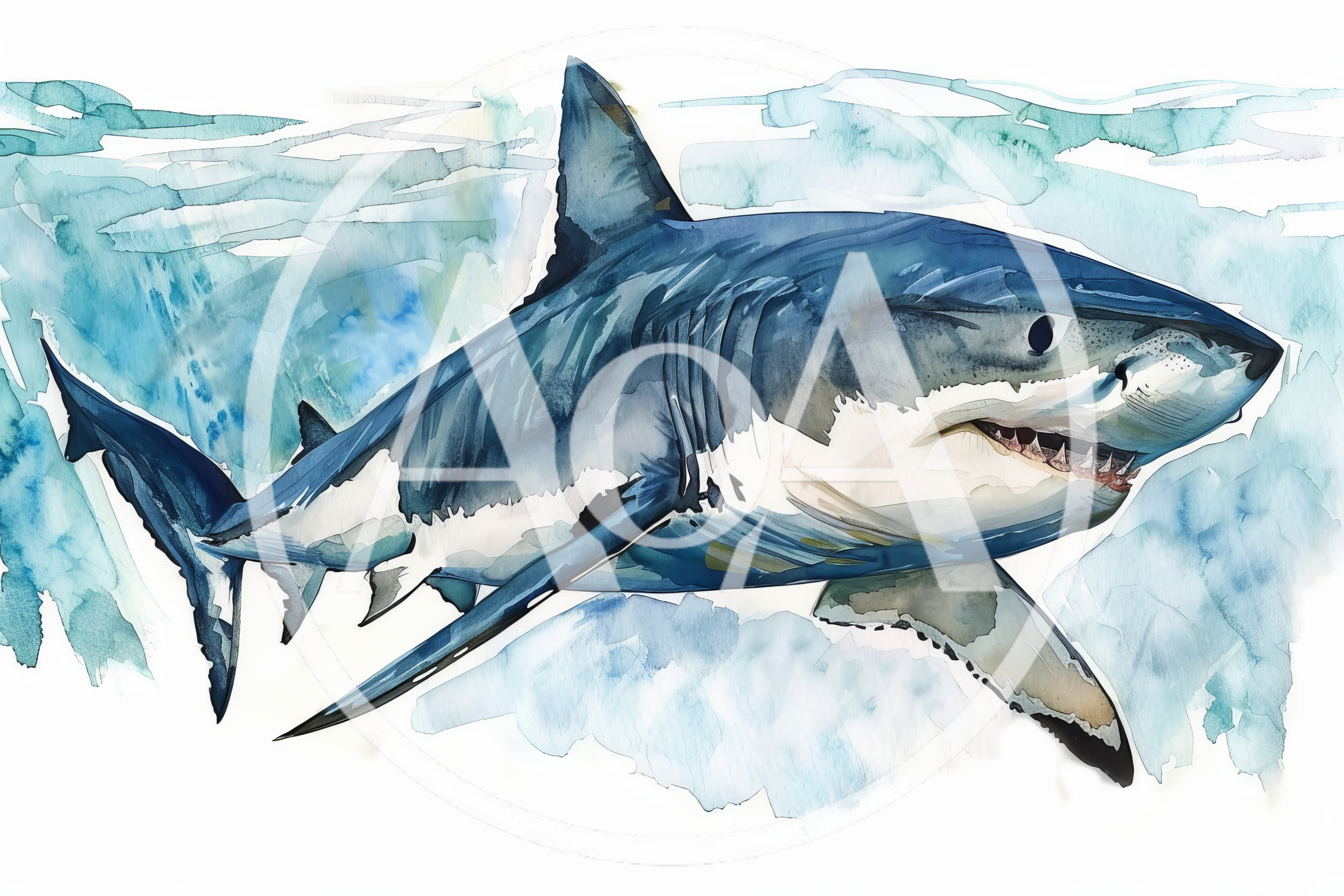 Watercolor Illustration Of A Great White Shark