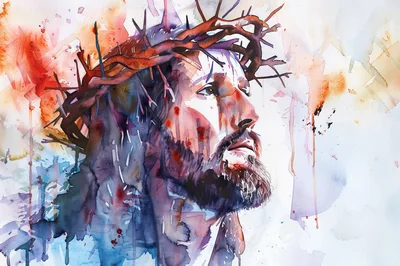 Watercolor Portrait Of Jesus Wearing A Crown Of Thorns