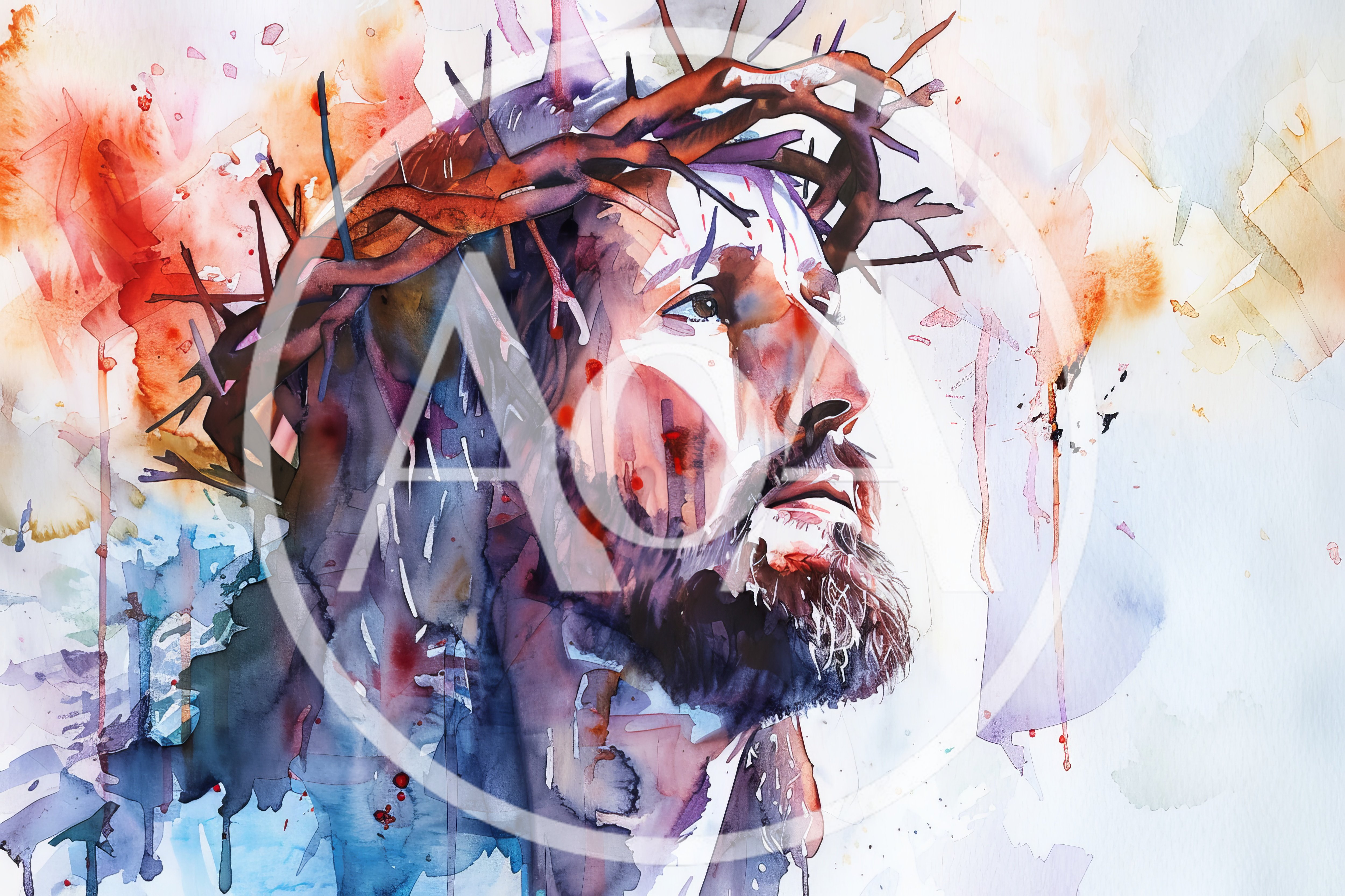 Watercolor Portrait Of Jesus Wearing A Crown Of Thorns