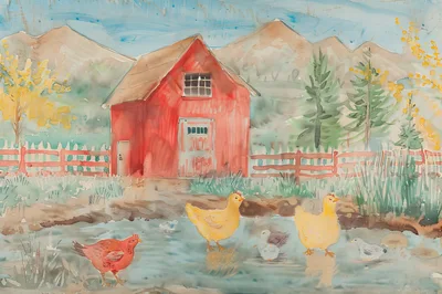 Watercolor Painting Of Chickens Near A Red Barn