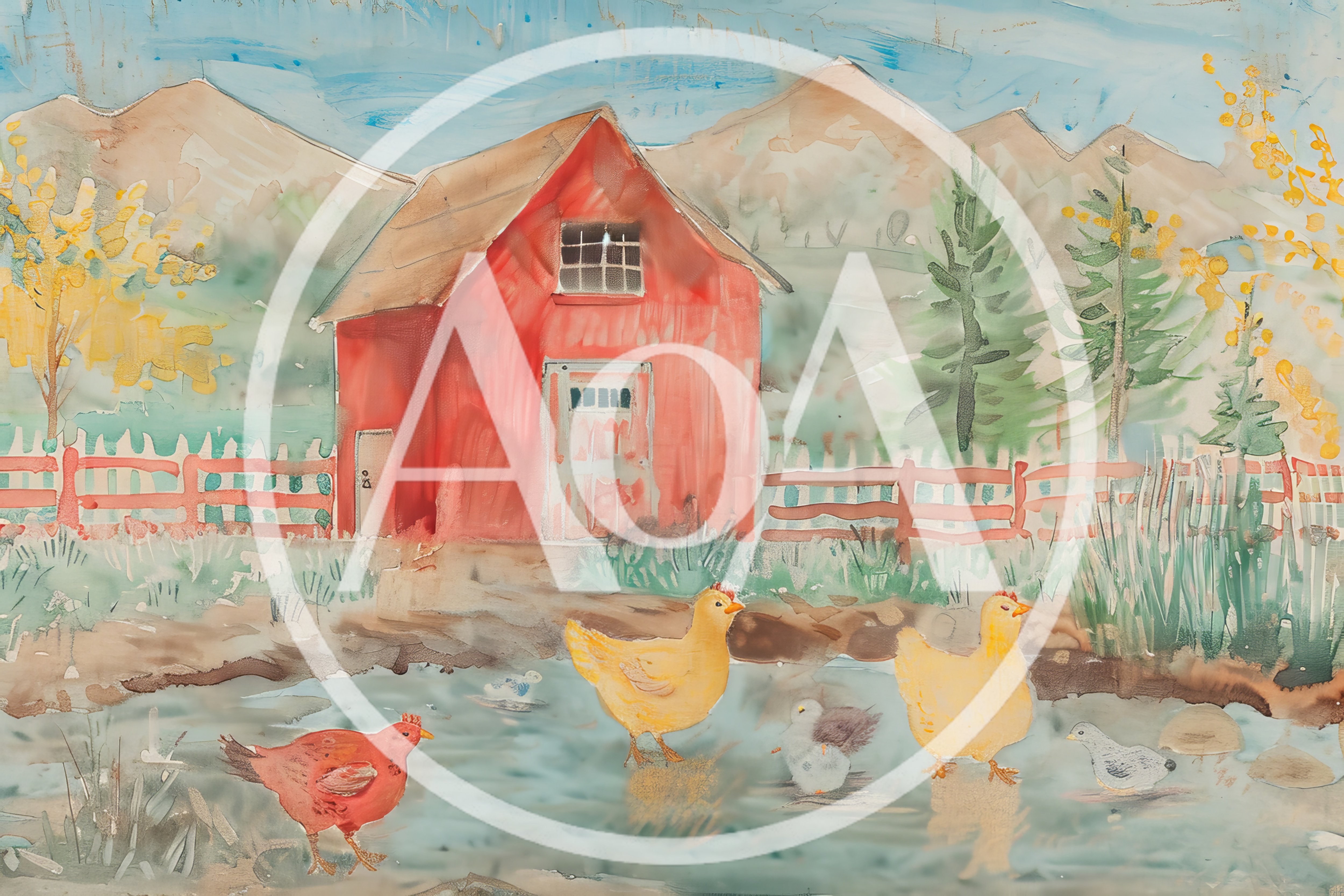 Watercolor Painting Of Chickens Near A Red Barn