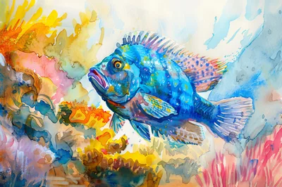 Watercolor Painting Of A Vibrant Blue Tropical Fish