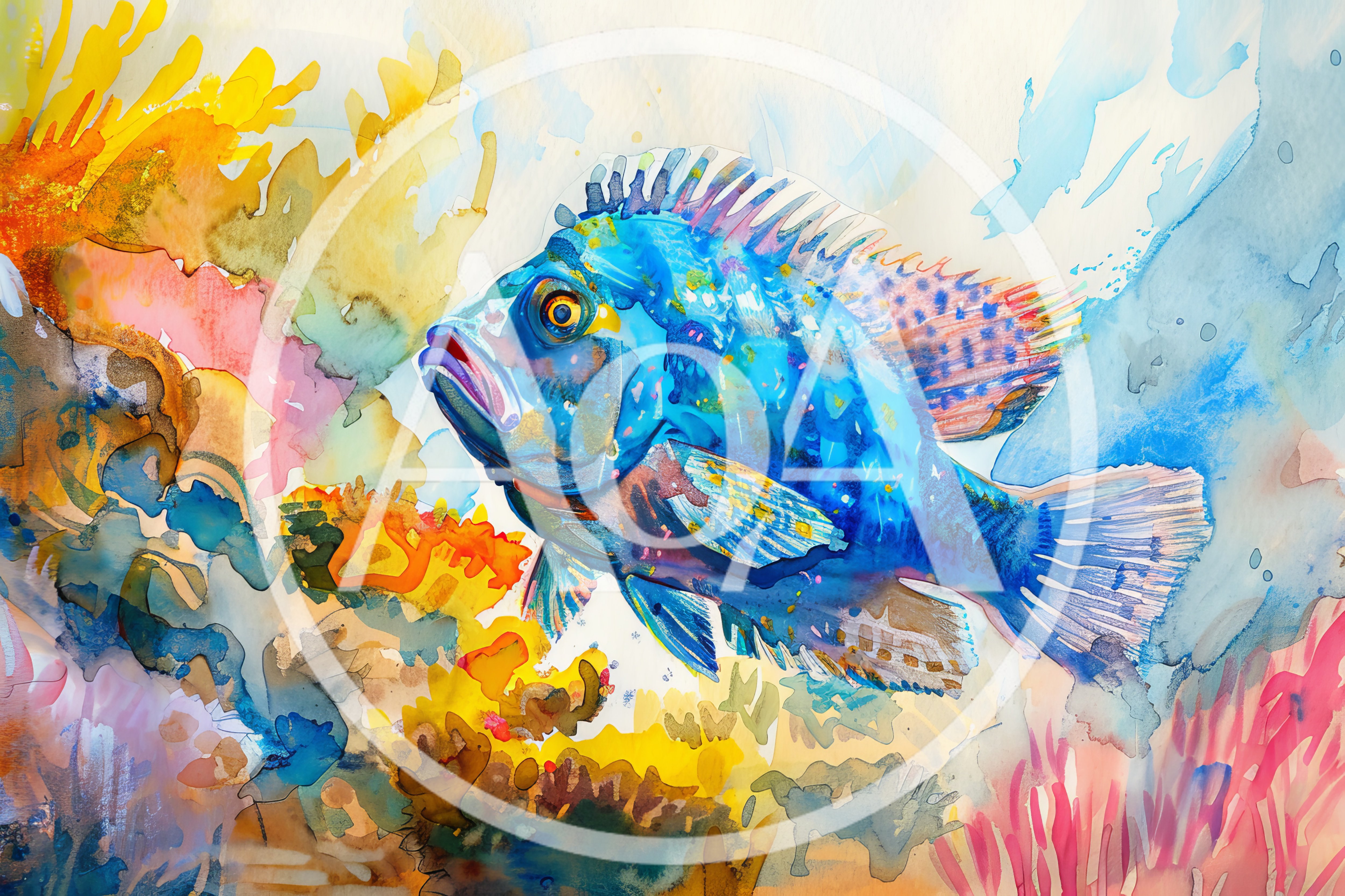 Watercolor Painting Of A Vibrant Blue Tropical Fish