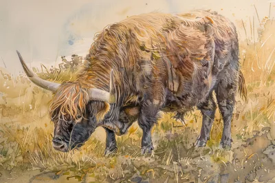 Watercolor Painting Of A Highland Cow Grazing