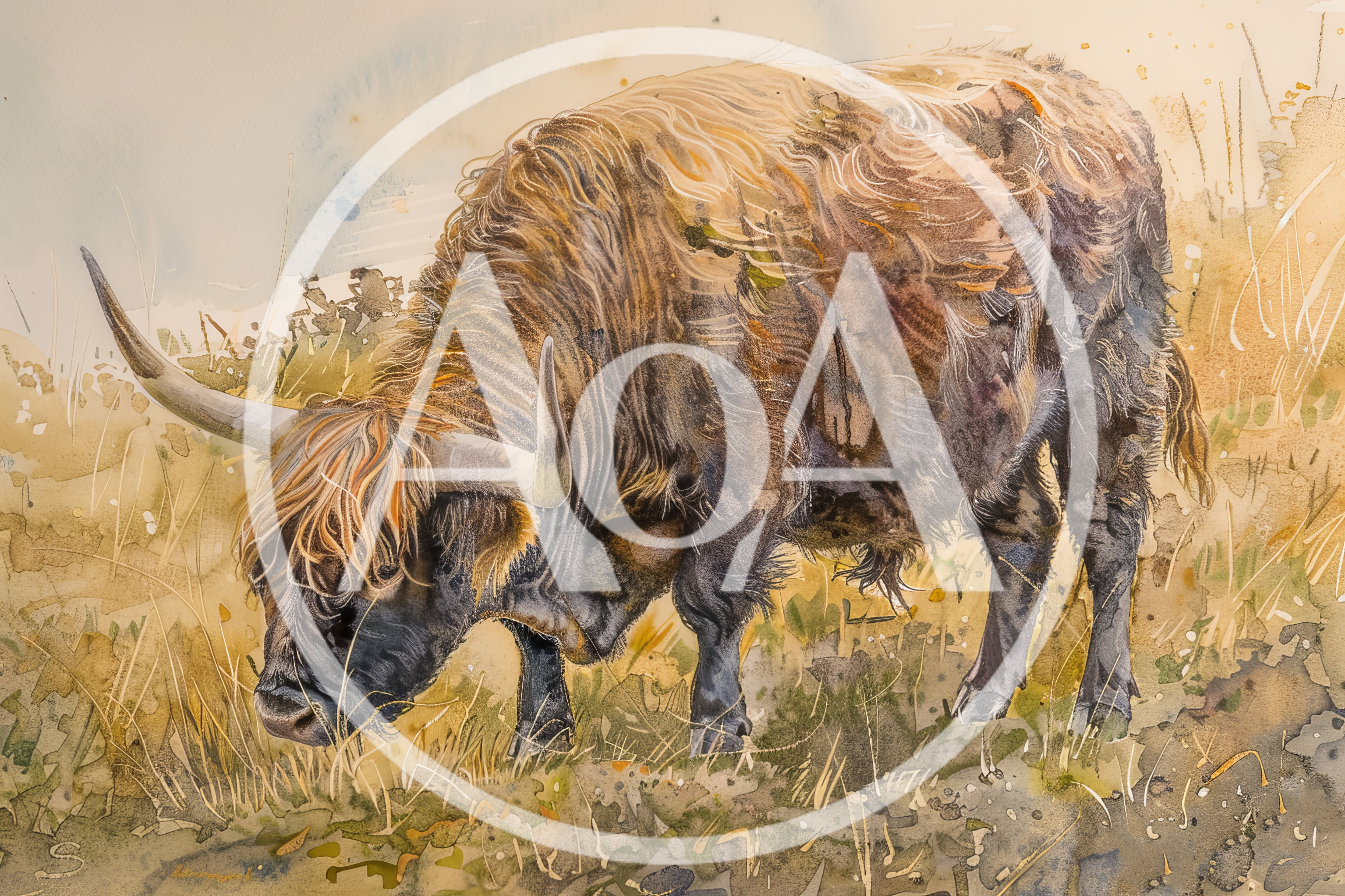 Watercolor Painting Of A Highland Cow Grazing