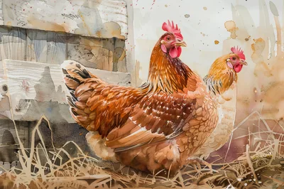 Watercolor Painting Of Two Chickens In A Barn