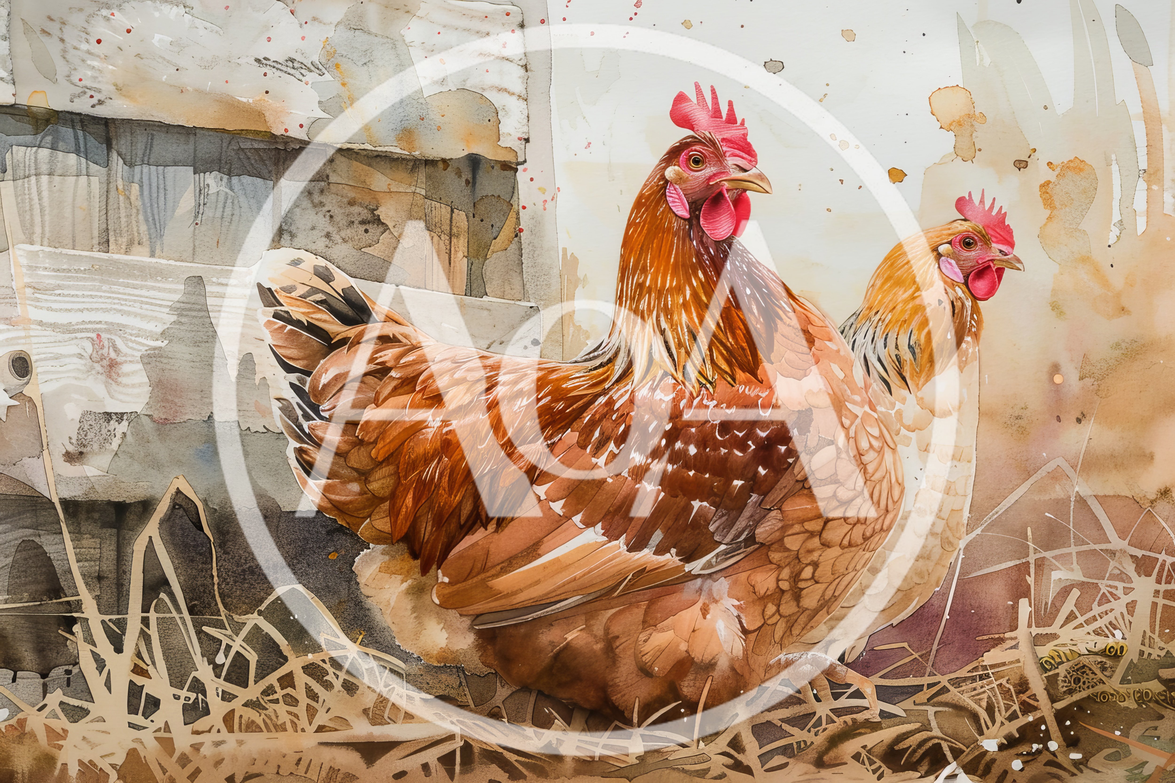 Watercolor Painting Of Two Chickens In A Barn