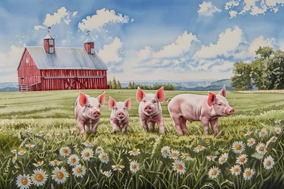 Four Cute Piglets Walking Through A Daisy Field