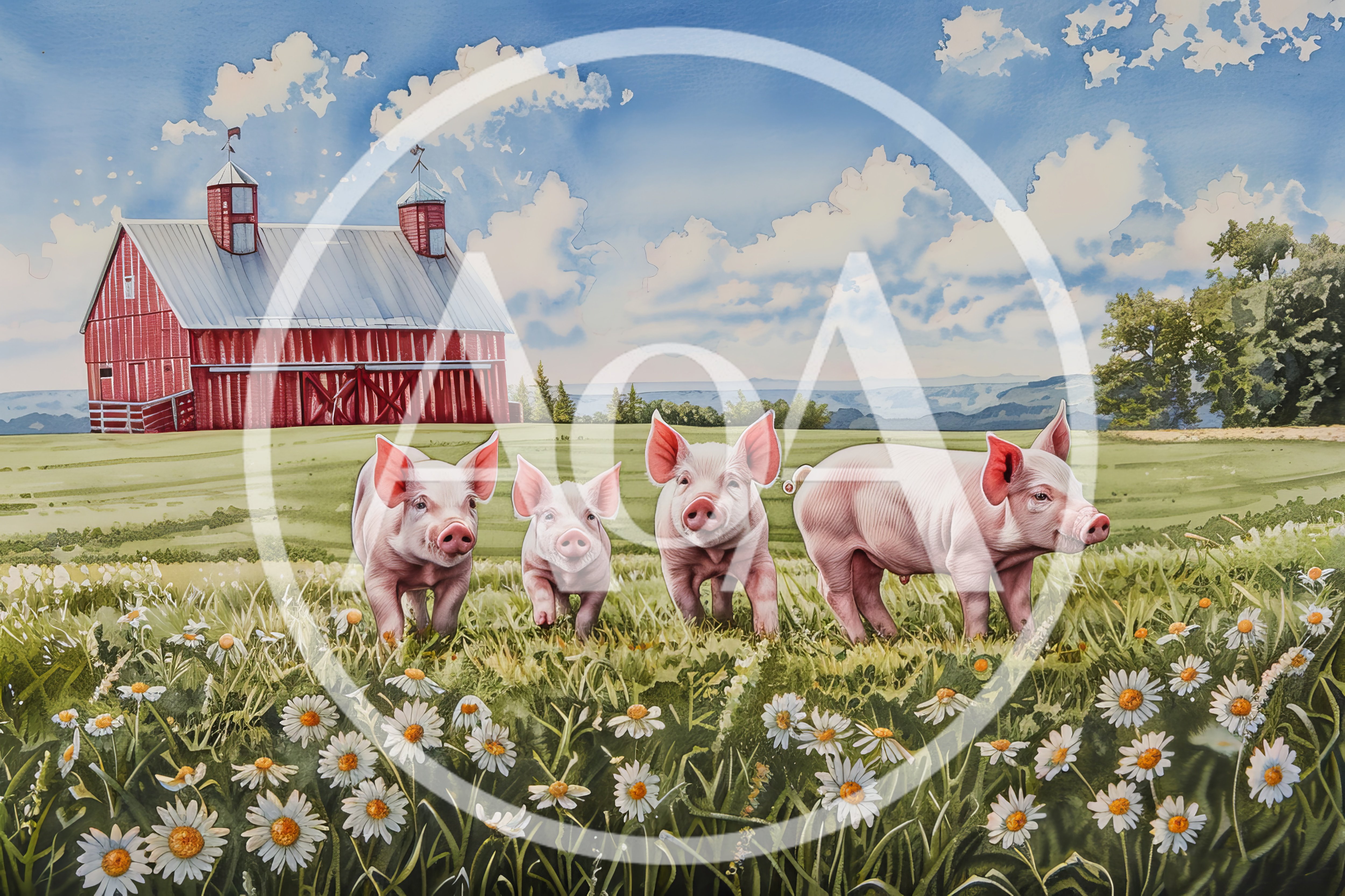 Four Cute Piglets Walking Through A Daisy Field