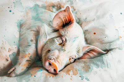 Sleeping Piglet With Artistic Watercolor Paint Splatter Effect
