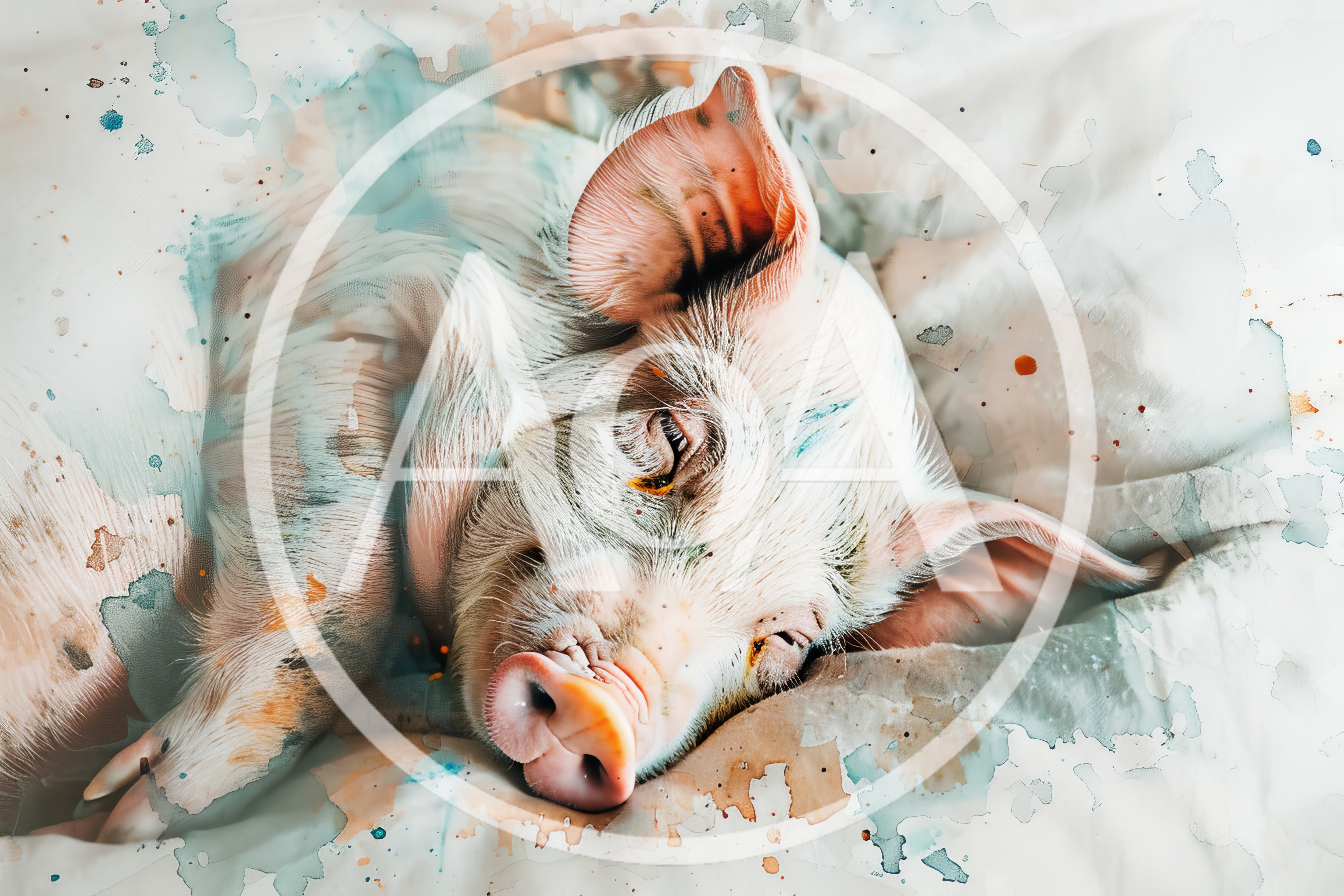 Sleeping Piglet With Artistic Watercolor Paint Splatter Effect