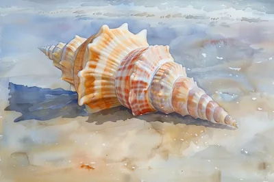 Watercolor Painting Of A Large Spiral Seashell