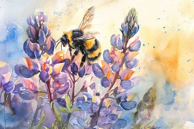 Bumblebee Perched On Vibrant Purple Lupine Flowers