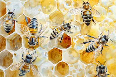 Watercolor Illustration Of Honey Bees On Honeycomb