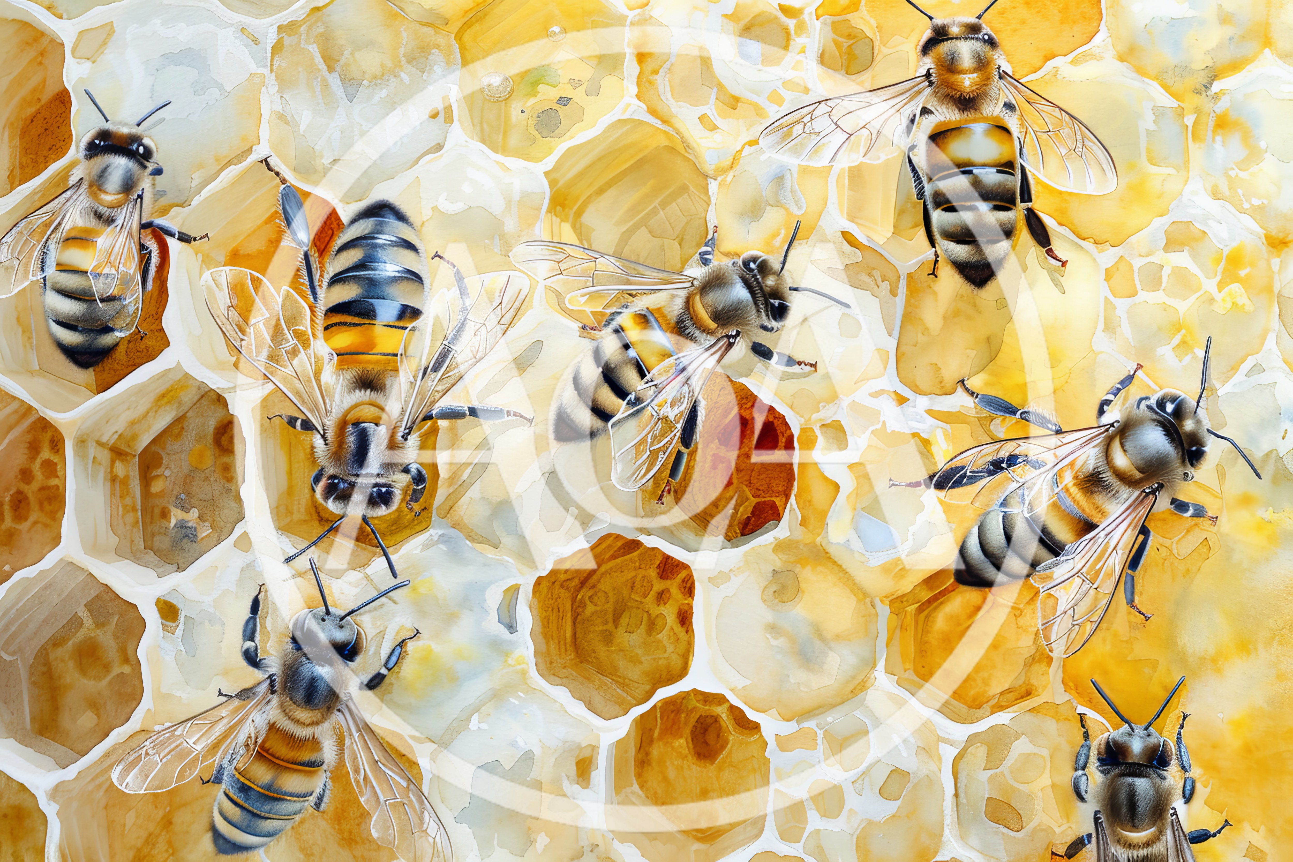 Watercolor Illustration Of Honey Bees On Honeycomb