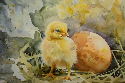Watercolor Painting Of A Newborn Chick And Eggshell