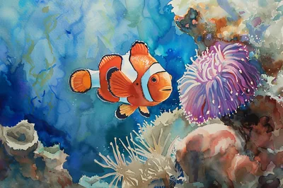 Watercolor Painting Of A Clownfish Near A Sea Anemone