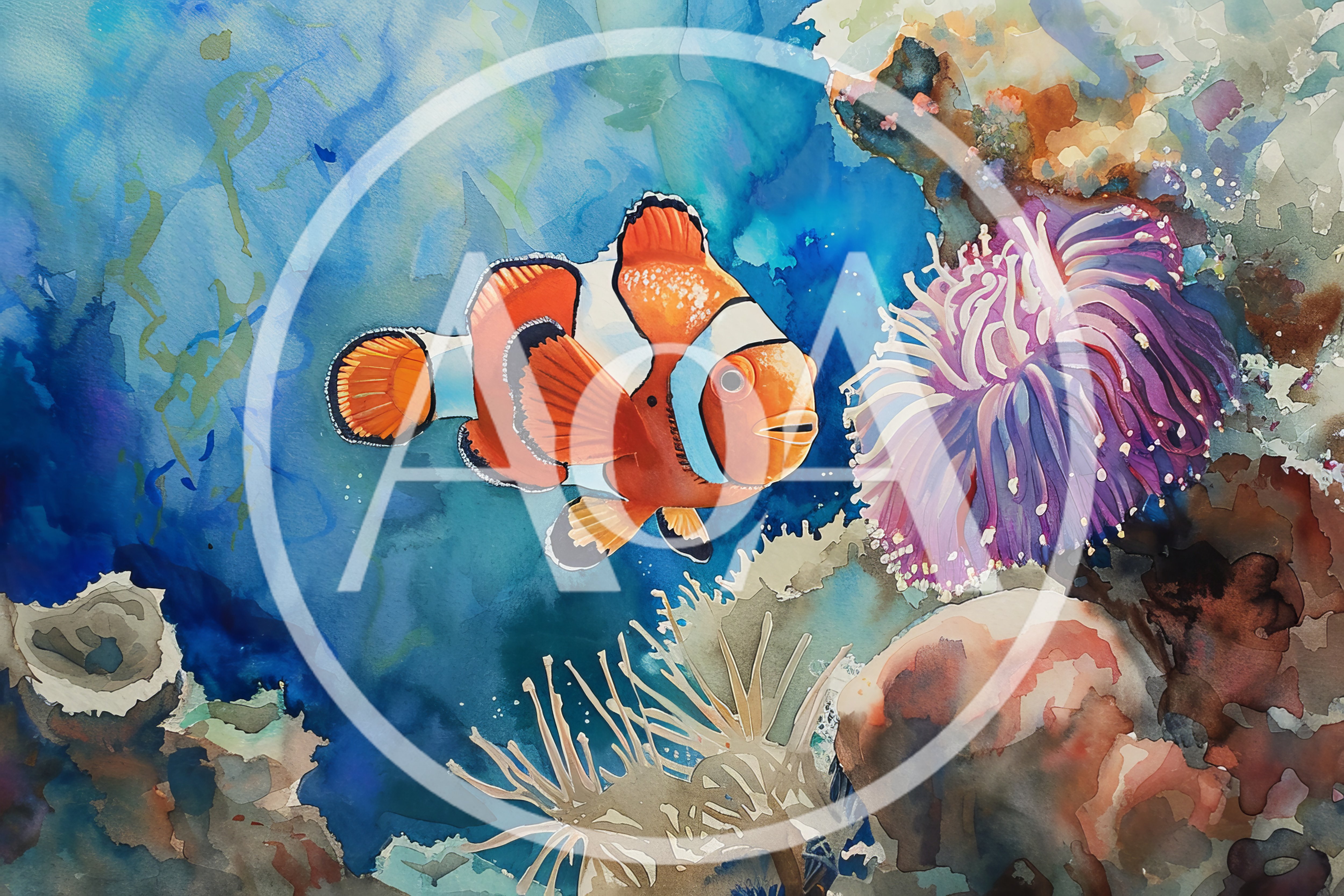 Watercolor Painting Of A Clownfish Near A Sea Anemone