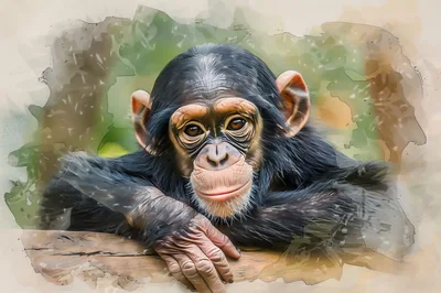 Portrait Of A Young Chimpanzee Resting On A Log