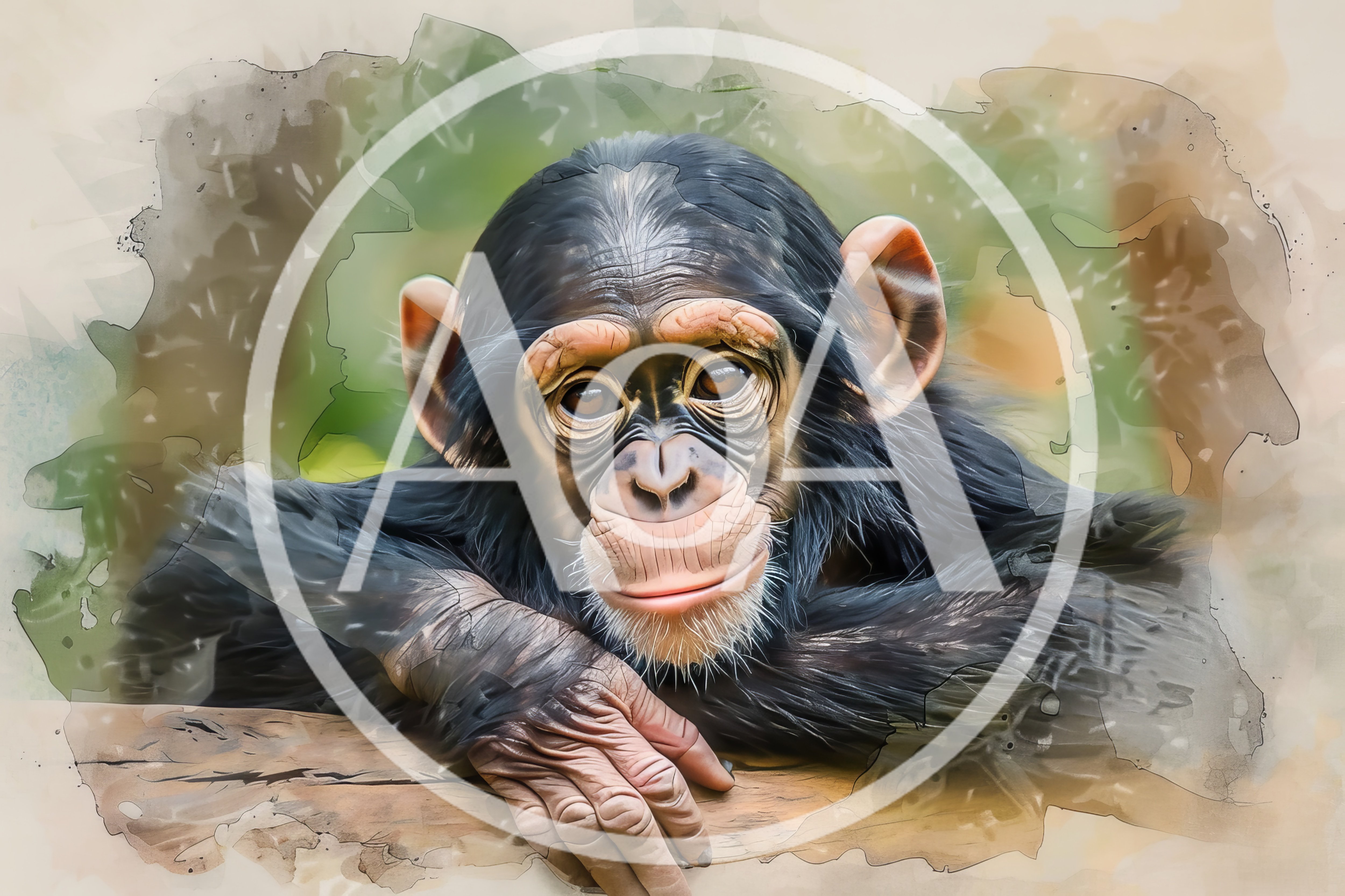 Portrait Of A Young Chimpanzee Resting On A Log