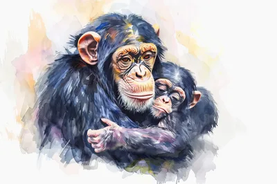 Watercolor Illustration Of A Chimpanzee Mother And Baby