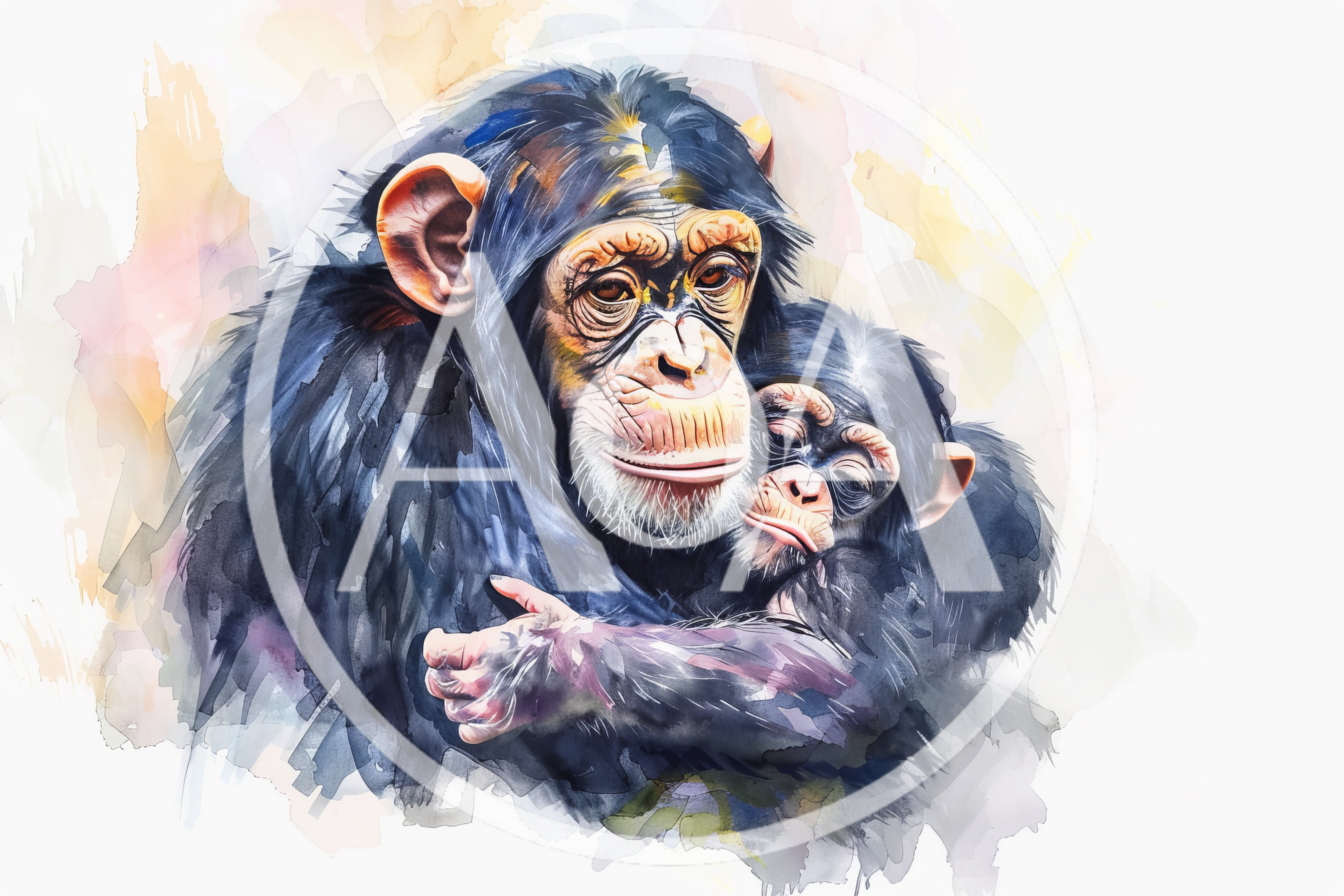 Watercolor Illustration Of A Chimpanzee Mother And Baby