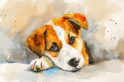 Watercolor Illustration Of A Cute Puppy Resting