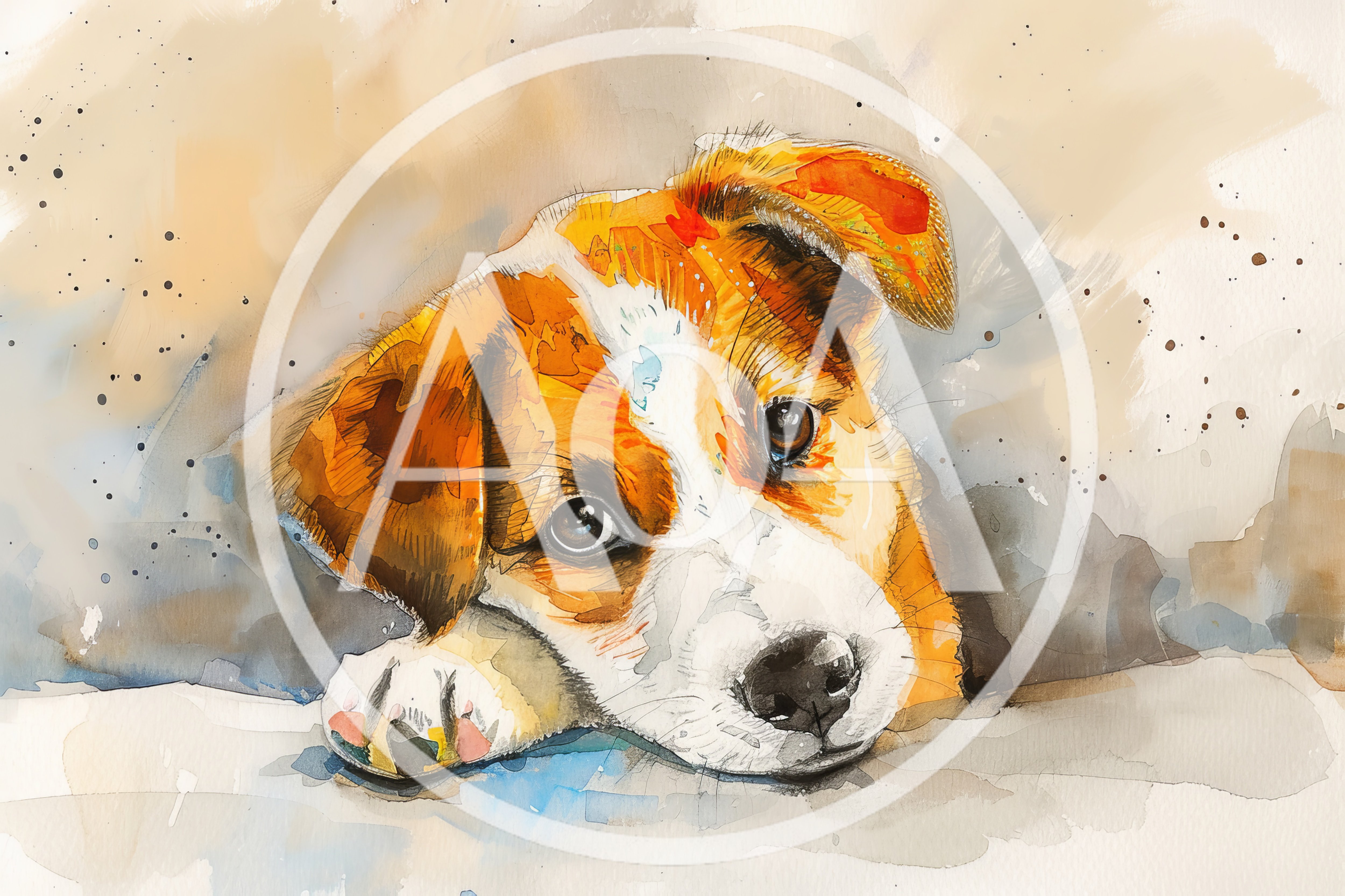 Watercolor Illustration Of A Cute Puppy Resting