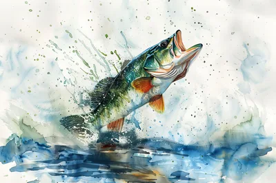 Watercolor Illustration Of A Largemouth Bass Jumping