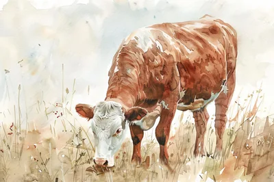 Watercolor Painting Of A Cow Grazing In A Field