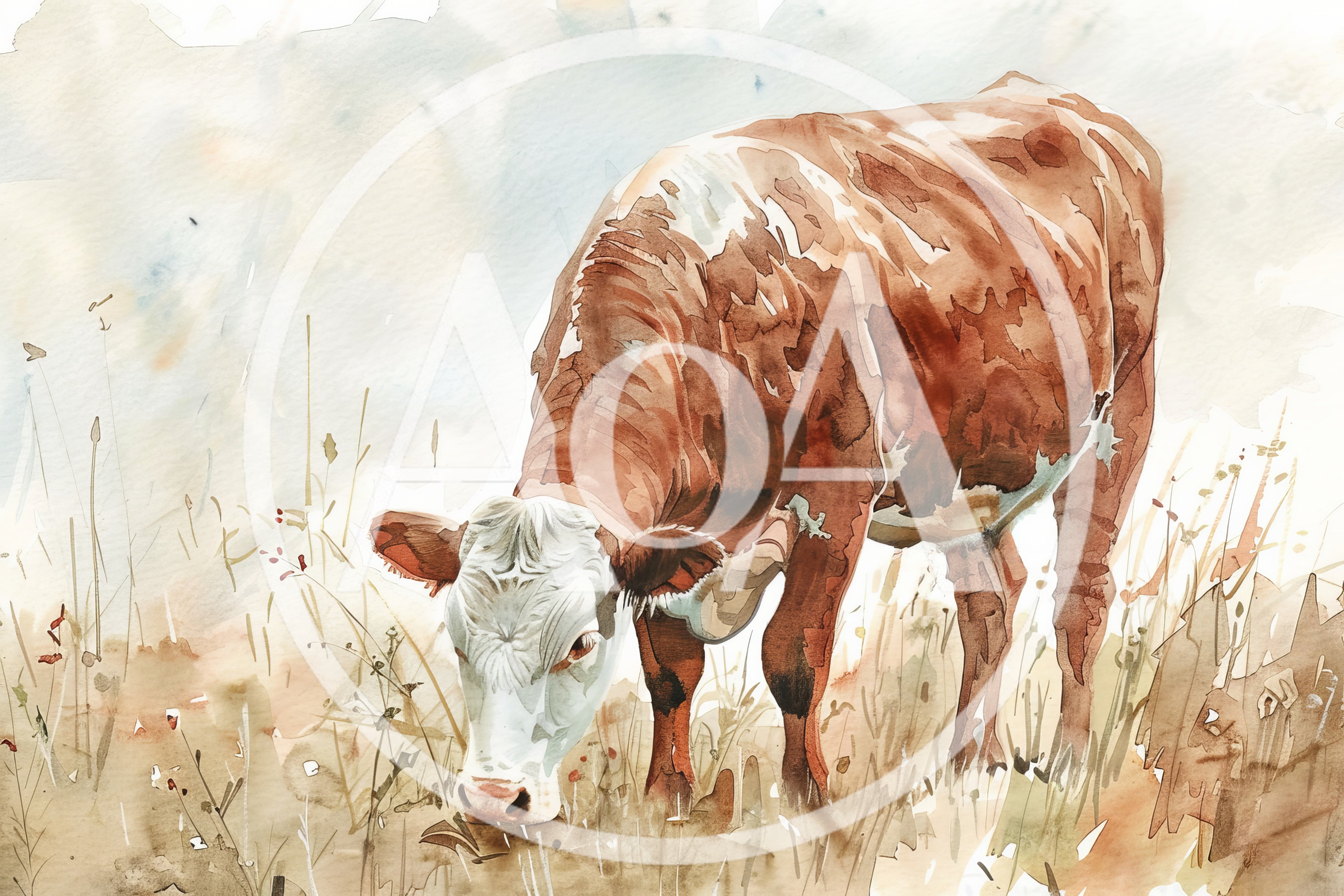 Watercolor Painting Of A Cow Grazing In A Field