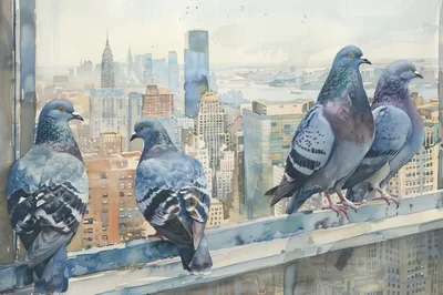Four Pigeons Perched On A Ledge Overlooking New York City