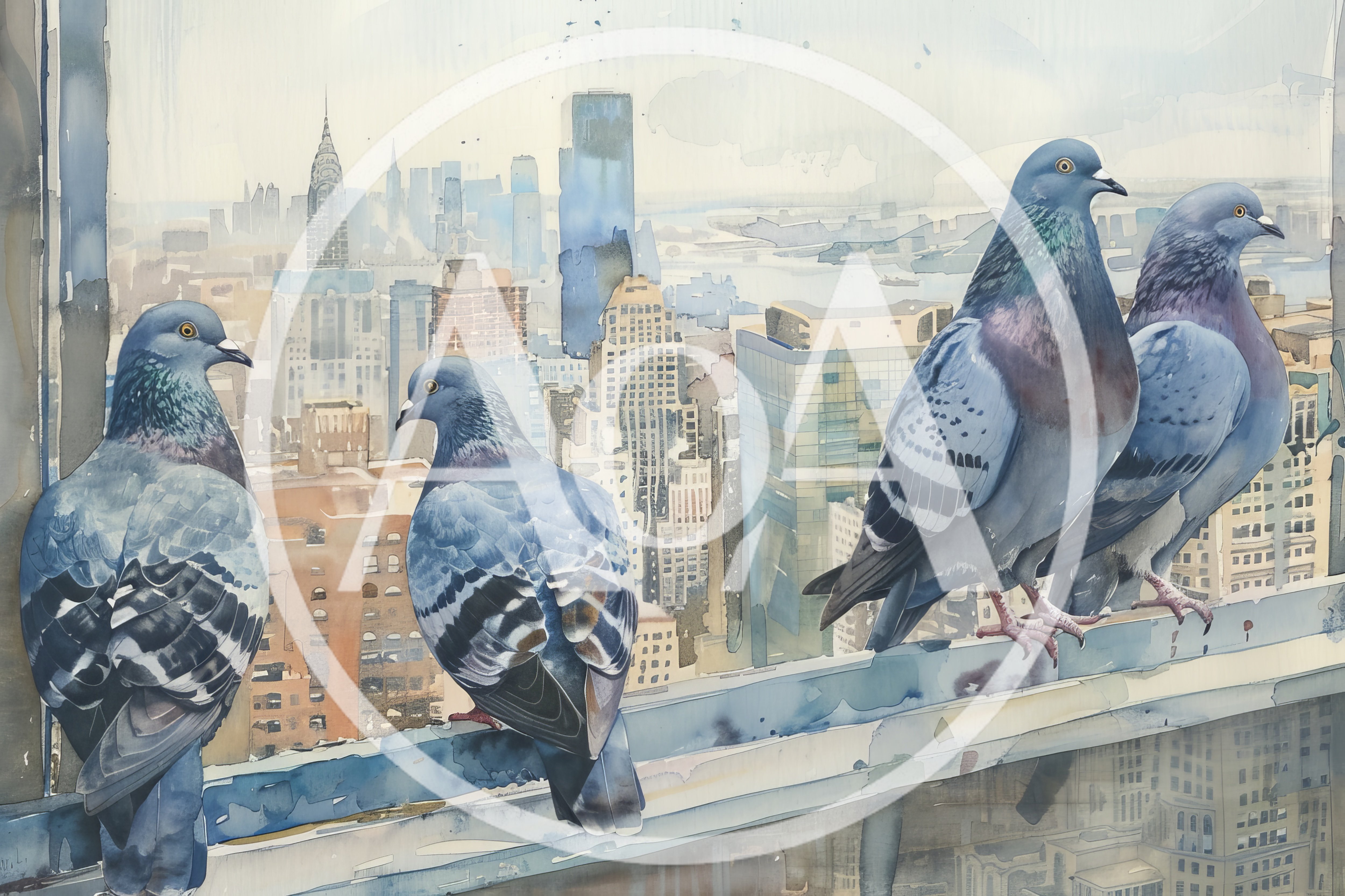 Four Pigeons Perched On A Ledge Overlooking New York City