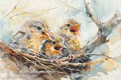 Three Baby Birds With Open Beaks In A Nest