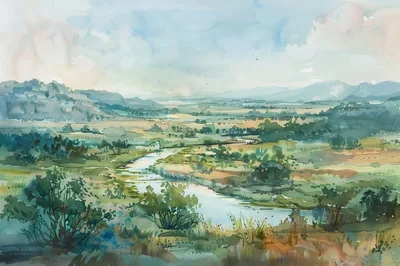 Watercolor Landscape Painting Of A Winding River Valley